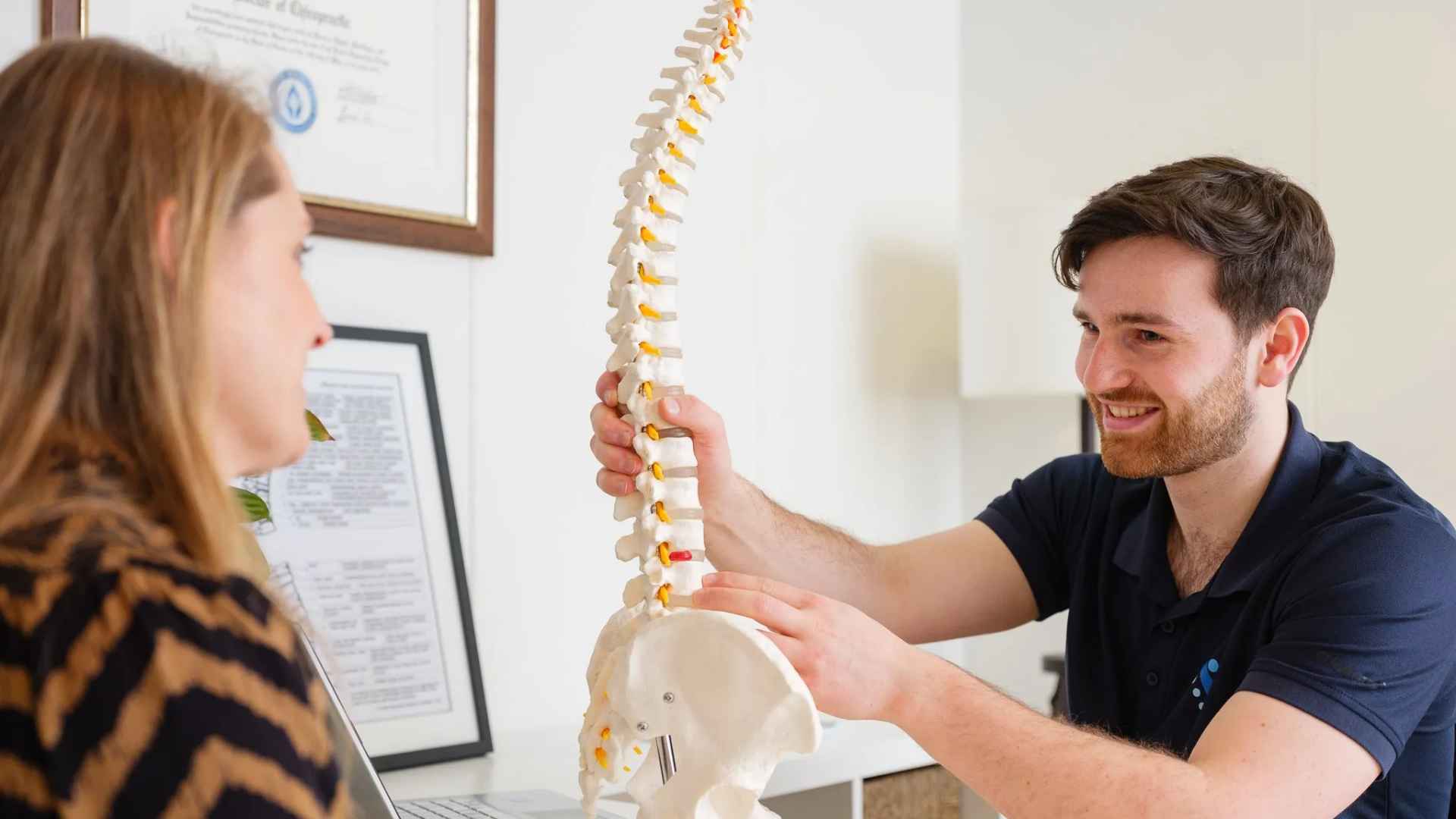 Chiropractor legt wervelkolomstructuur uit aan patient met anatomisch model tijdens consult in Culemborg